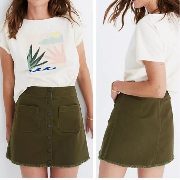 Madewell Raw-Hem A-Line Button Front Mini Skirt in Kale size 12 - Picture 1 of 8